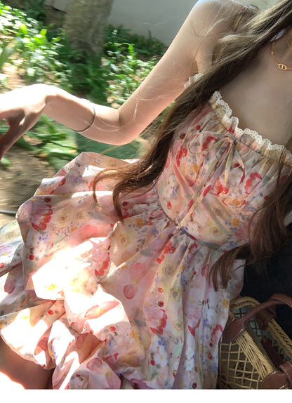 💕現貨秒出🍓ins風氛圍感度假吊帶花苞澎澎裙連衣裙