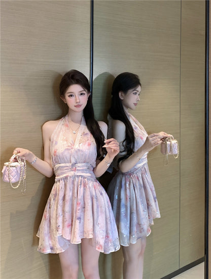 度假風粉色碎花小個子掛脖連衣裙