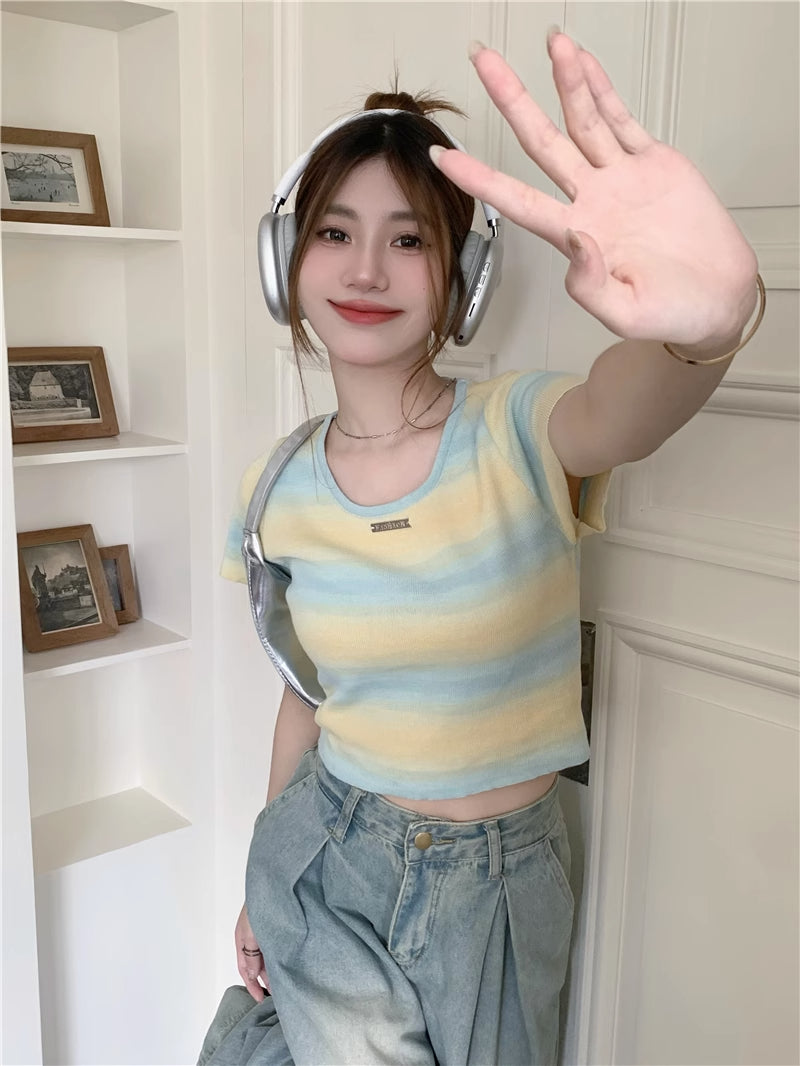 💕現貨秒出🍓多巴胺彩虹漸變色條紋針織T袖