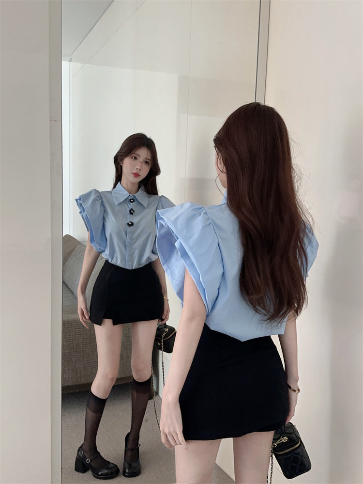 韓系喇叭泡泡袖花朵單排釦襯衫