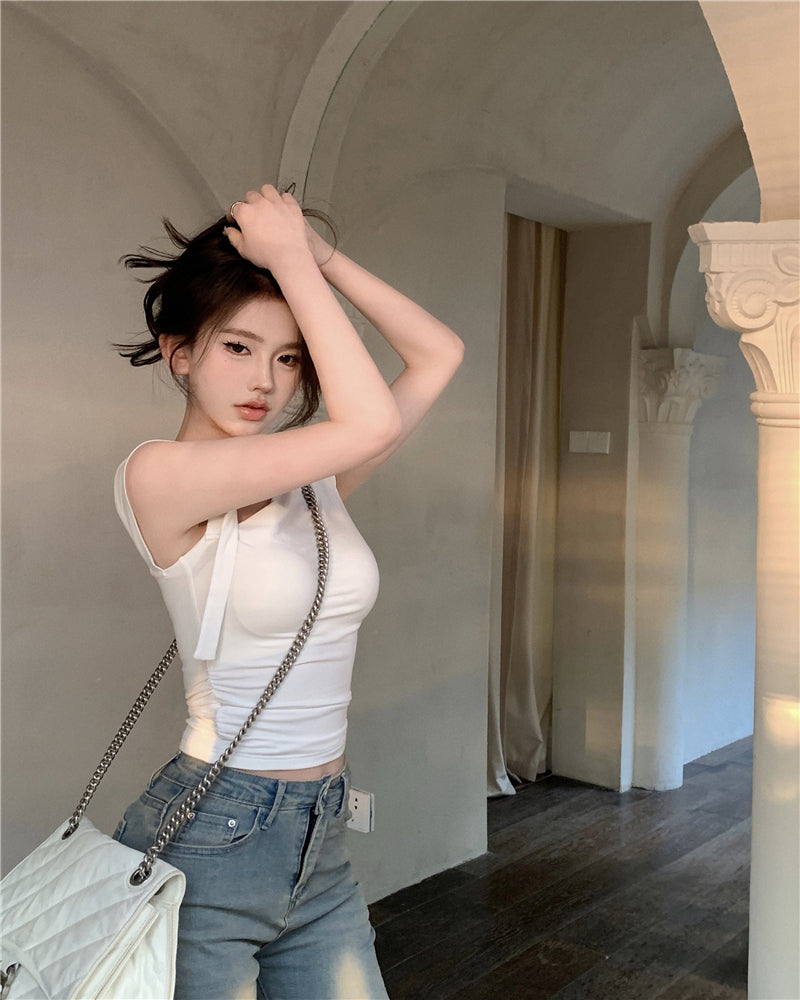 簡約白色單肩銀扣短款上衣