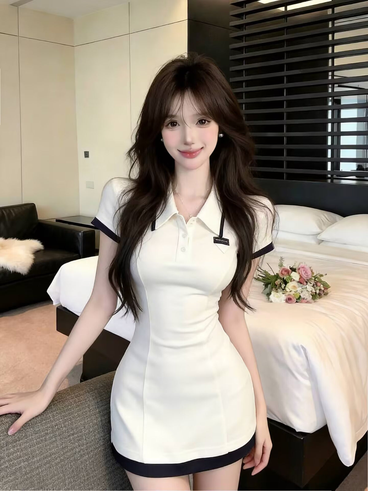 💕現貨秒出🍓ins風質感polo領短袖包臀收腰連衣裙