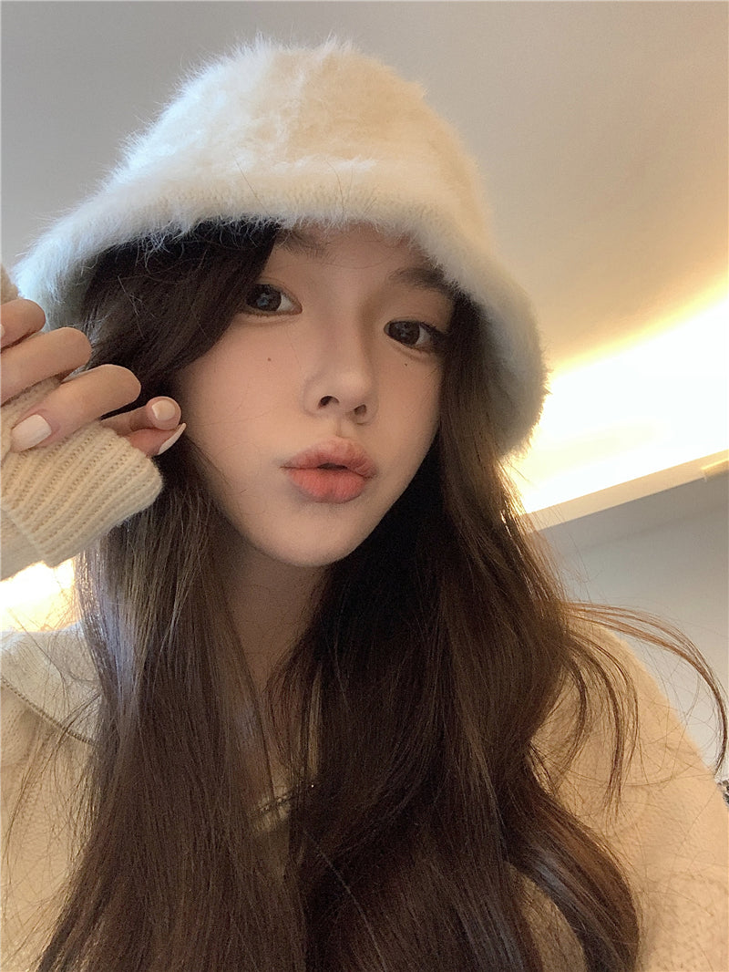 日系百搭可愛仿兔毛漁夫帽子