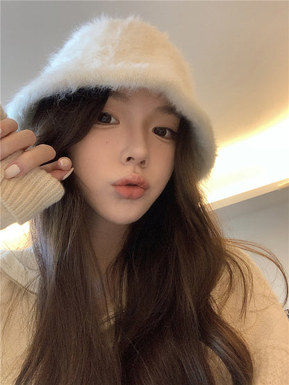 日系百搭可愛仿兔毛漁夫帽子