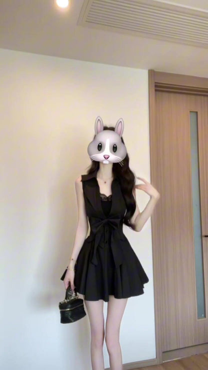 💕現貨秒出🍓御姐赫本風黑色POLO無袖澎澎裙組