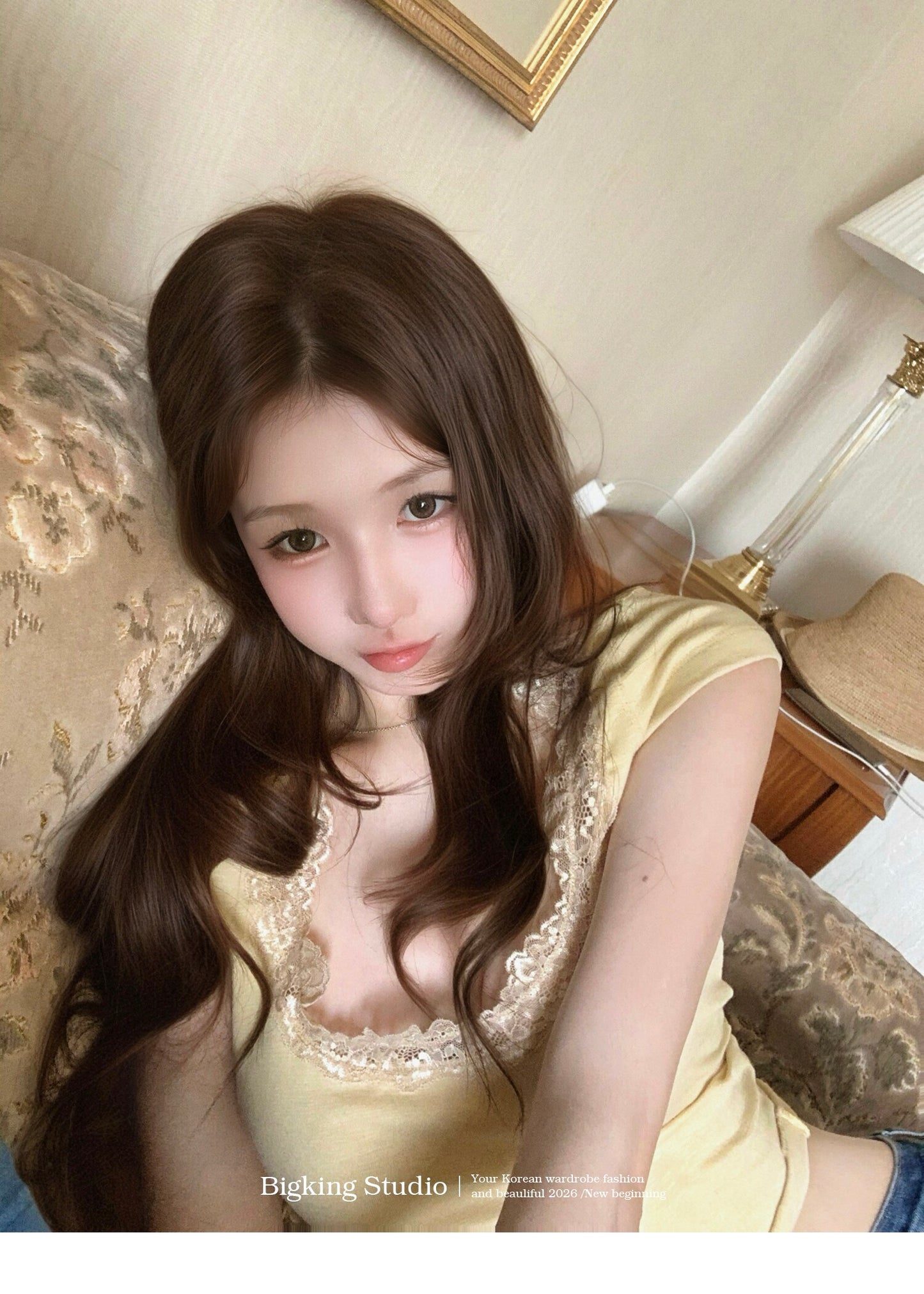 大U領蕾絲邊修身短袖上衣