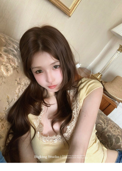 大U領蕾絲邊修身短袖上衣