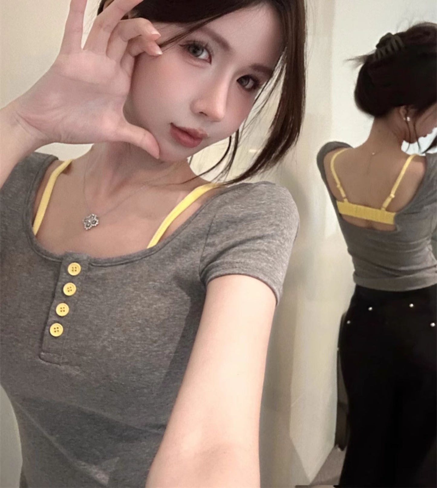 假兩件掛脖吊帶短袖露背小上衣