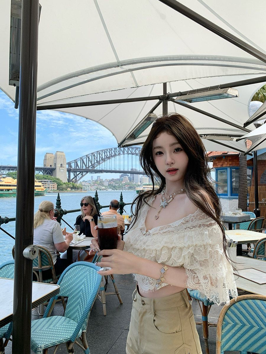 💕現貨秒出🍓溫柔一字肩蕾絲襯衫顯瘦上衣