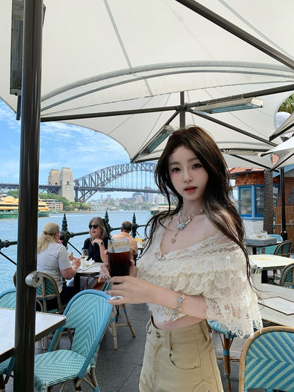 💕現貨秒出🍓溫柔一字肩蕾絲襯衫顯瘦上衣