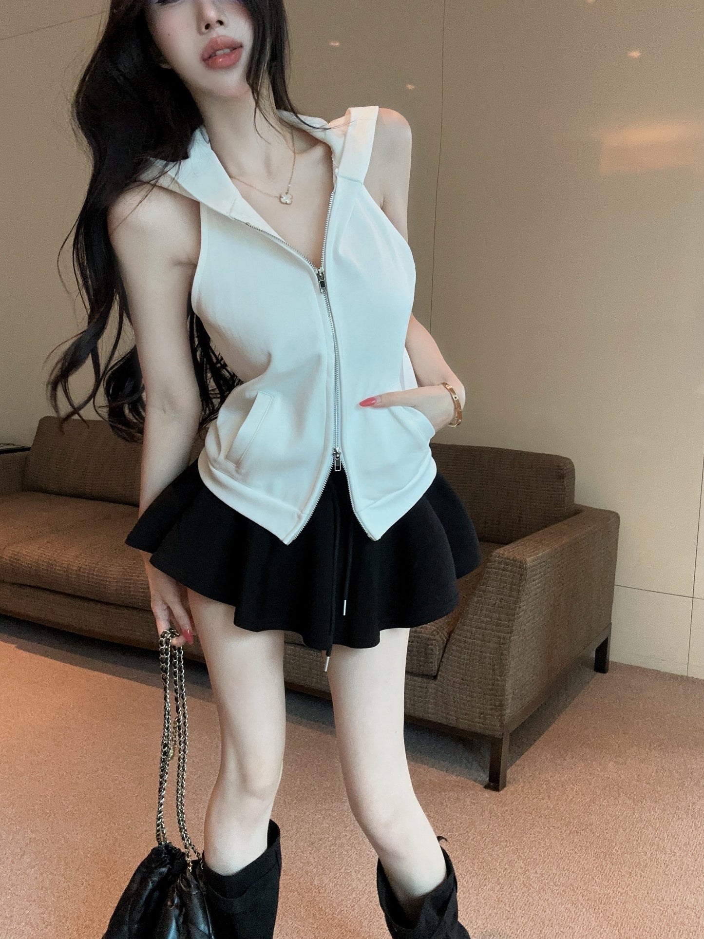 歐美酷辣連帽露肩無袖上衣