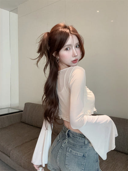 甜美蕾絲拼接喇叭袖背心兩件套💕