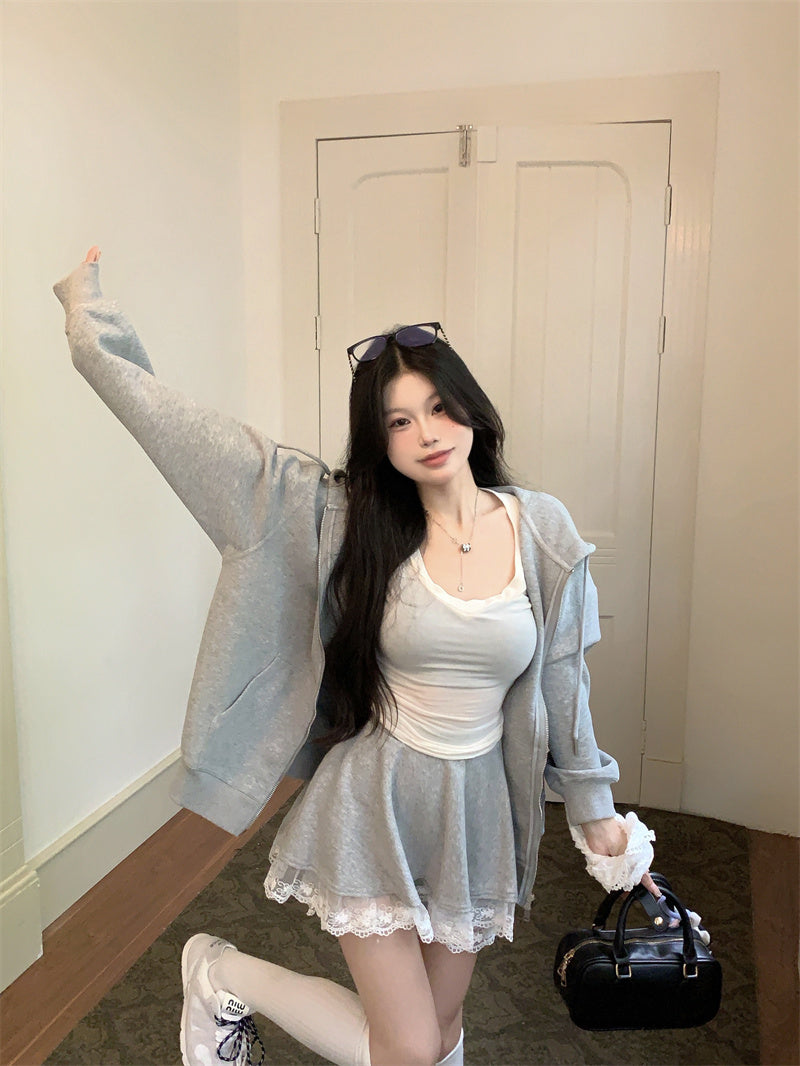 韓系休閒套裝配蕾絲拼接半身裙