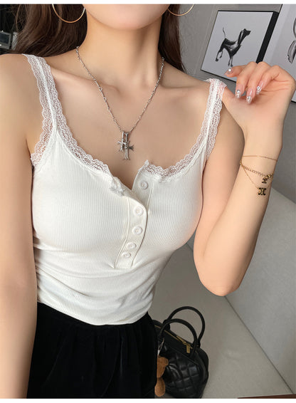 鈕扣蕾絲邊帶胸吊帶背心