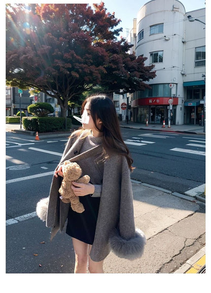 赫本風秋冬灰色毛呢中長款蝴蝶結外套