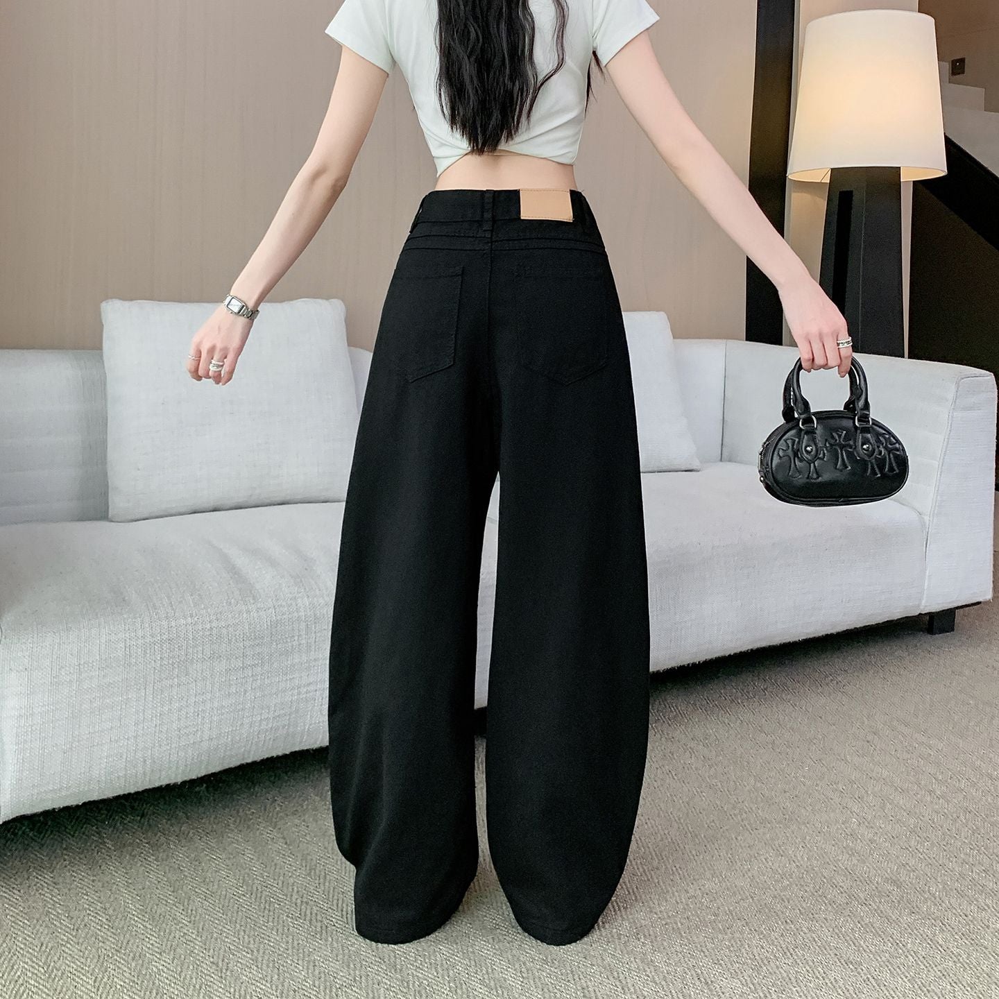 美式辣妹黑色垂感牛仔寬鬆長褲