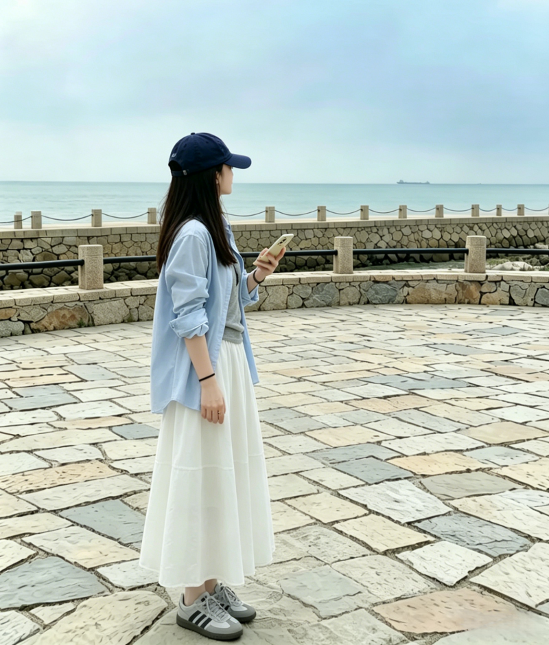 休閒藍色長袖寬鬆半身裙三件套