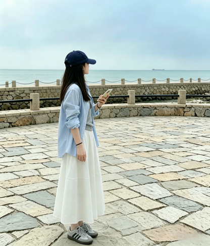 休閒藍色長袖寬鬆半身裙三件套