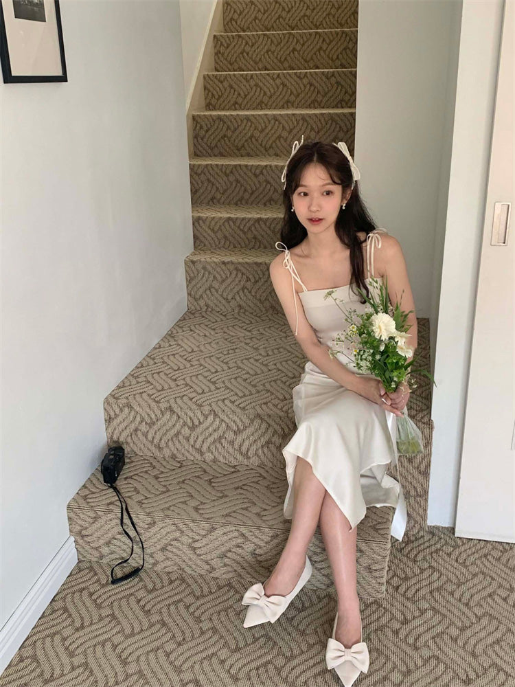 訂婚約會優雅百搭絲光緞面吊帶連衣裙