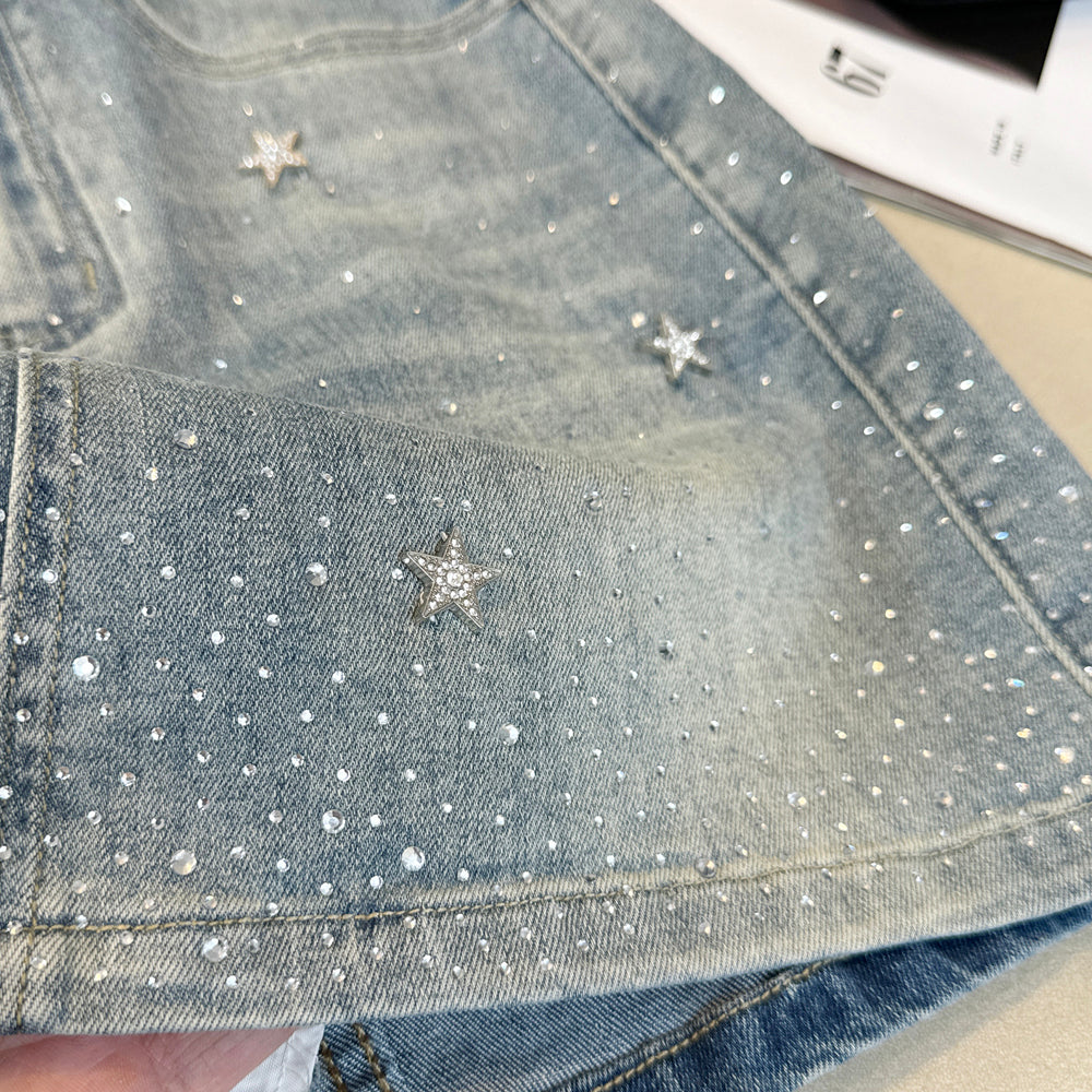 💕現貨秒出🍓閃鑽手縫星星牛仔高腰半身裙