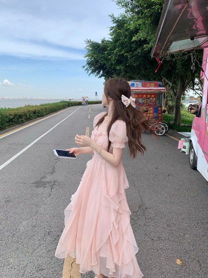 法式方領甜美溫柔連衣裙