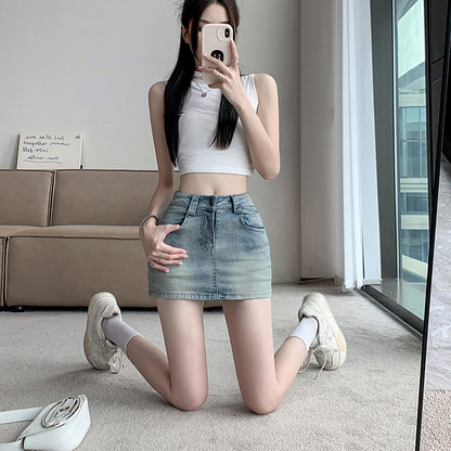 💕現貨秒出🍓復古水洗牛仔高腰短褲裙
