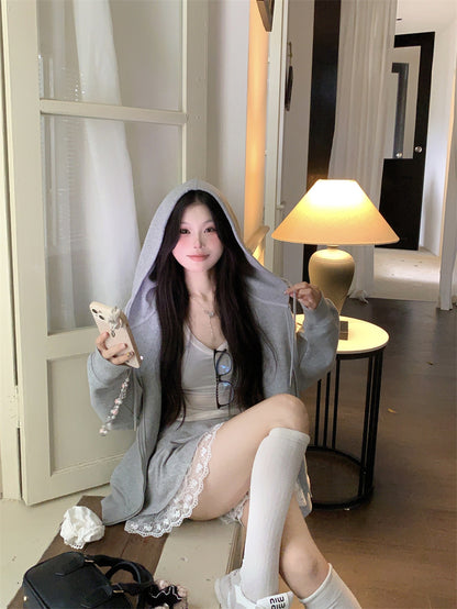 韓系休閒套裝配蕾絲拼接半身裙