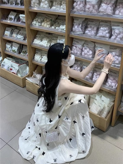 💕現貨秒出🍓氣質無袖掛脖刺繡蝴蝶連衣長裙