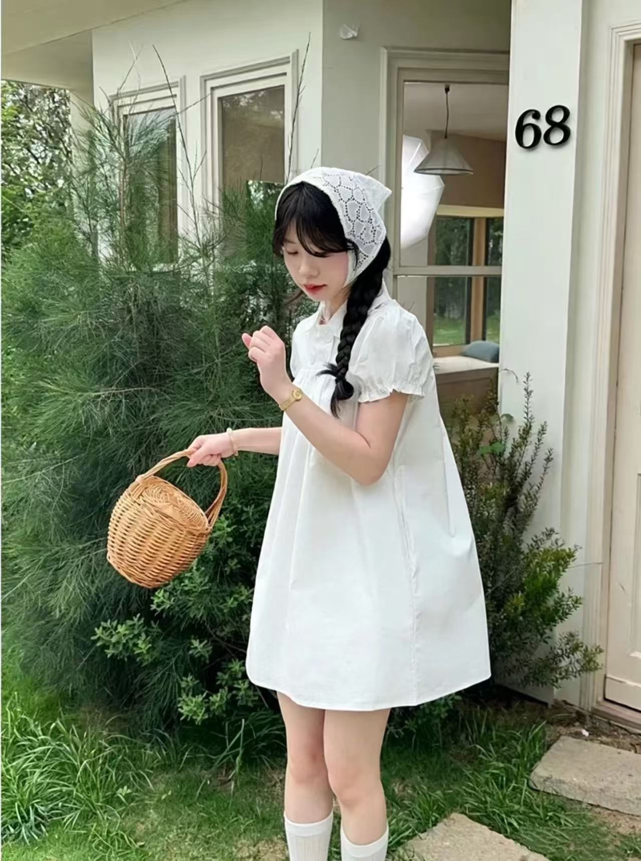 韓系雙排釦泡泡袖娃娃領連衣裙