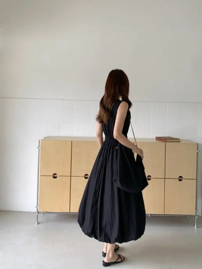 chic韓系夏季法式無袖背心花苞連衣裙