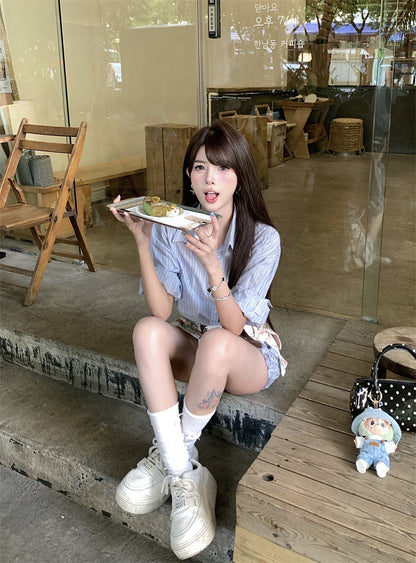 韓系條紋襯衫百褶短半裙兩件套