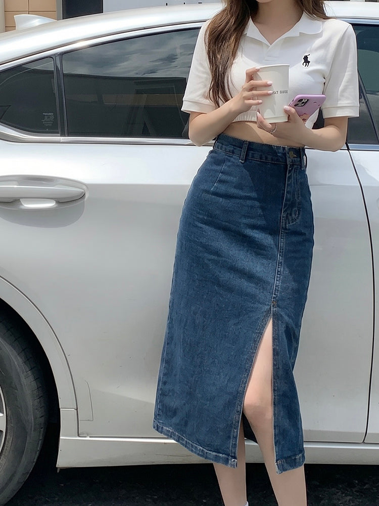 💕現貨秒出🍓韓系牛仔半身高腰中長開岔包臀裙