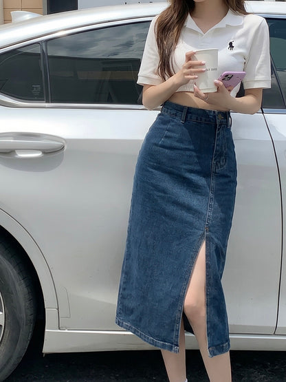 💕現貨秒出🍓韓系牛仔半身高腰中長開岔包臀裙