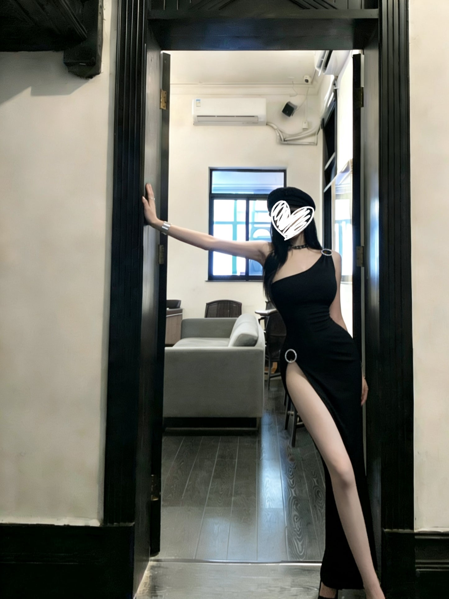 超性感單肩黑色高開衩長裙