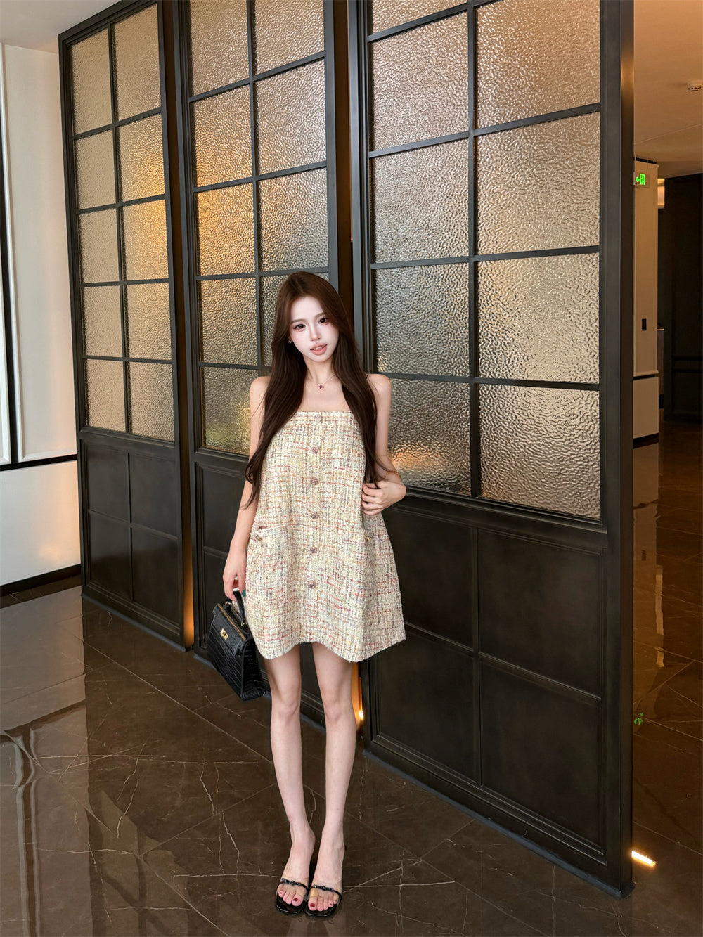 名媛彩紗小香風吊帶裙