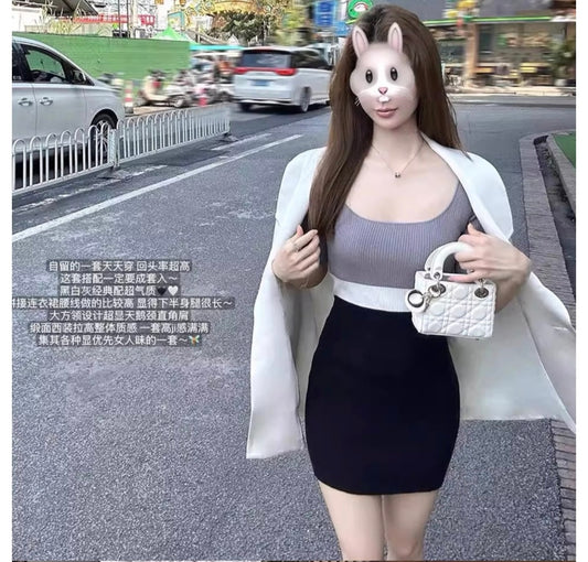 性感撞色方領針織短袖顯瘦收腰包臀裙